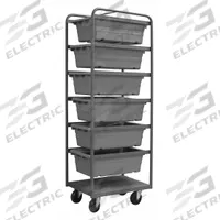 DURHAM MFG Tub Cart: 600 lb, 6 Bins/Tubs, Gray, 26 in L x 18 in W x 74 in H, Gray, 2 Usable Sides (MPN TBR-183072-6-5PO-95). Key specifications — Color: Gray; Includes: Bottom Shelf; Caster/Wheel Configuration: (2) Swivel; Bin Color: Gray; Brand: DURHAM MFG.