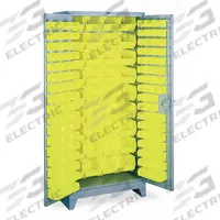 LYON Bin Cabinet: 36 in x 21 in 82 in, 0 Shelves, 136 Bins, Yellow, Flush, 14 ga Panel, Gray, Bins (MPN DD1124). Key specifications — Bin Color: Yellow; Bin HxWxD: (36) 7 in x 8-1/4 in x 14-3/4 in; Assembled: Assembled; Cabinet Style: Shelf and Bin; Brand: LYON; Cabinet Color: Gray; Cabinet Finish: Powder Coated; Cabinet Material: Steel.