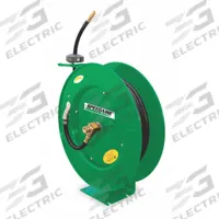 Spring Return Hose Reel: 75 ft (1/2 in I.D.), 1/2 in MNPT x 3/4 in MNPT, 300 psi Max Op Pressure (MPN 2CUB8). Key specifications — Reel Color: Green; Hose Capacity: 75 ft (1/2 in I.D.); Overall Dimensions: 26-3/16 in L x 12 in W x 27 in H; Swivel Material: Brass; Hose End Configuration: 1/2 in MNPT x 3/4 in MNPT; Brand: SPEEDAIRE.