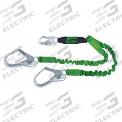MILLER BY PIP Shock-Absorbing Lanyard: Shock Pack, Steel Rebar Hook, Polyester Web Loop, 2 Legs (MPN 8798RSS-Z7/6FTGN). Key specifications — Brand: MILLER BY PIP; Color: Green; Visual Load Indicator: Yes; Shock-Absorbing Lanyard Material: Polyester.