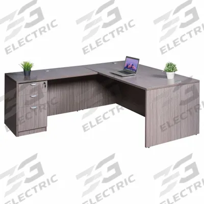 BOSS OFFICE PRODUCTS L-Shaped Office Desk: Melamine, Driftwood, 1 Pedestals - L-Shaped Desks
