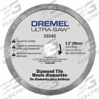 DREMEL Cutting Wheel: 3 1/2 in Wheel Dia, 0.08 in Wheel Thick, Diamond, Std Screw, Mounted (MPN US540-01). Key specifications — attr1097403: Diamond; attr1097412: DREMEL.