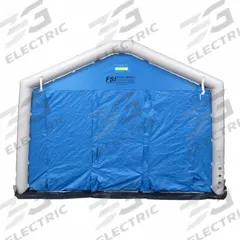 FSI Decontamination Shower: 12 Stations, 20 Spray Heads, Enclosed, Inflatable, 3/4 in GHT Female (MPN DAT1416S). Key specifications — Color: Blue; Includes: Elevation Grids; Shower Frame Material: PVC; Brand: FSI; Electrical Connection Type: Plug-In.