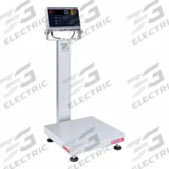 OHAUS Industrial Bench Scale: 18 in x 24 3/4 in, IP68/IP69K, Column-Mounted, Stainless Steel (MPN D61XWE125WQL7). Key specifications — Connection Ports: RS-232; Readability: 0.01 lb/5 g; Brand: OHAUS; Weighing Surface Material: Stainless Steel.