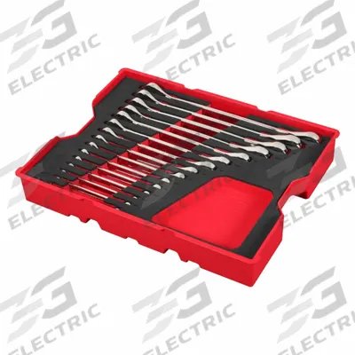 MILWAUKEE Combination Wrench Set: Alloy Steel, Chrome, 15 Tools - SAE 12-Point Ratcheting Combination Wrench Sets