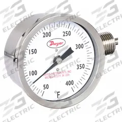 DWYER Dial Thermometer: 50°F to 400°F, ±2%Full Scale Accuracy, 4 in Stem Lg, 3 in Dial Dia (MPN BTLR340121). Key specifications — Accuracy: ±2 % Full Scale; Brand: DWYER.