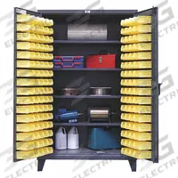 STRONG HOLD Bin Cabinet: 36 in x 24 in 78 in, 4 Shelves, 96 Bins, Yellow, Flush, 12 ga Panel, Gray (MPN 36-BS-244). Key specifications — Bin Color: Yellow; Bin HxWxD: (94) 3 in x 4-1/8 in x 7-3/8 in; Assembled: Assembled; Cabinet Style: Shelf and Bin; Brand: STRONG HOLD; Cabinet Color: Gray; Cabinet Finish: Baked Enamel; Cabinet Material: Steel.