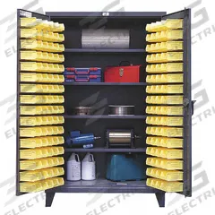 STRONG HOLD Bin Cabinet: 36 in x 24 in 78 in, 4 Shelves, 96 Bins, Yellow, Flush, 12 ga Panel, Gray (MPN 36-BS-244). Key specifications — Bin Color: Yellow; Bin HxWxD: (94) 3 in x 4-1/8 in x 7-3/8 in; Assembled: Assembled; Cabinet Style: Shelf and Bin; Brand: STRONG HOLD; Cabinet Color: Gray; Cabinet Finish: Baked Enamel; Cabinet Material: Steel.