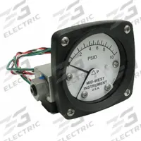 MIDWEST INSTRUMENT Differential Pressure Gauge & Switch: Back, 1/4 in NPT Female, 120, 2 1/2 in Dial (MPN 120AA-00-O-AA-10P). Key specifications — Sensor Type: Piston; Series: 120; Housing Material: Aluminum; Certificate of Calibration: Not Included; Gauge Accuracy: ±3-2-3%.