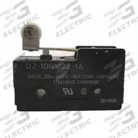 OMRON Snap Action Switch: Hinge Roller Lever Actuator, 3NO/3NC, Solder (MPN DZ-10GV22-1A). Key specifications — AC Contact Rating: 2 A @ 480 V; Electrical Connection: Solder; Series: DZ; Brand: OMRON.