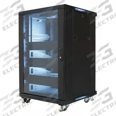 VIDEO MOUNT PRODUCTS Equipment Rack Enclosure: 18 Rack Units, 39 in x 23 5/8 in x 23 5/8 in, Steel (MPN EREN-18). Key specifications — Brand: VIDEO MOUNT PRODUCTS; Includes: Casters; Material: Steel; Features_Broad: Tempered Glass Door; (2) Cooling Fans; Shelves & Blanks.