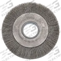 WEILER Wire Wheel Brush: Crimped Stainless Steel, 6 in Dia x 1 1/4 in Wd, 2 in Arbor, 0.006 in Fill (MPN 93007). Key specifications — Brand: WEILER.