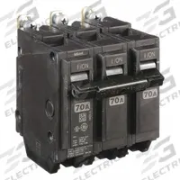 GE Miniature Circuit Breaker: THQB, 70 A, 120/240V AC, Three Phase, 10kA at 120/240V AC, Std (MPN THQB32070). Key specifications — attr195972: 70 A; attr195973: 120/240V AC; attr195974: Three; attr195975: 10kA at 120/240V AC; attr195976: Lighting Panels.