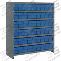 QUANTUM STORAGE SYSTEMS Enclosed Bin Shelving: 36 in x 18 in x 39 in, 1 Sided, 54 Bins, Closed, Blue (MPN CL1839-604BL). Key specifications — Includes Bins: Yes; Bin Material: Polystyrene; Frame Color: Gray; Bin HxWxD: (54) 4-5/8 in x 3-3/4 in x 17-7/8 in; Frame Material: Steel; Bin Color: Blue; Bin Style: Drawer; Brand: QUANTUM STORAGE SYSTEMS.