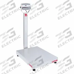OHAUS Industrial Bench Scale: 23 5/8 in x 31 1/2 in, IP67/IP68, Column-Mounted, Stainless Steel (MPN D52XW250RTV3). Key specifications — Connection Ports: 2 In/4 Out Discrete I/O; Readability: 0.02 lb/10 g; Brand: OHAUS; Weighing Surface Material: Stainless Steel.