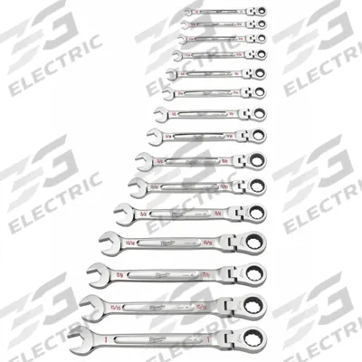 MILWAUKEE Combination Wrench Set: Alloy Steel, Chrome, 15 Tools - SAE 12-Point Ratcheting Combination Wrench Sets