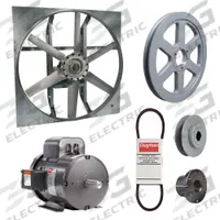 Exhaust Fan with Drive Package: Belt Drive, 42 in Blade, 3 hp, 26,012 cfm, 115/230V AC, 1 ph (MPN 7M8D1). Key specifications — Frame Finish: Zinc Plated; Assembled: Unassembled; Brand: DAYTON; Nameplate Voltage: 115/230V AC; Frame Material: Steel; Guard Type: None; Method of Construction: Cast; Motor Insulation: Class F.