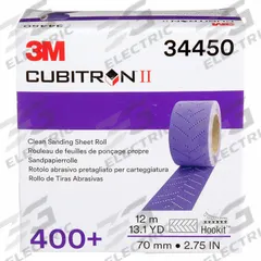 3M CUBITRON II Clean Sanding Sheet Roll: 2 3/4 in W x 39 1/4 ft L, Ceramic, 400 Grit, C Wt Paper (MPN 34450). Key specifications — Series: Cubitron II; Brand: 3M CUBITRON II.