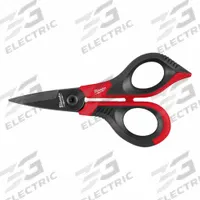 MILWAUKEE Kevlar Shears: Ambidextrous, 3 1/4 in Overall Lg, Serrated, Steel, Pointed, Black/Red (MPN 48-22-3017). Key specifications — attr308500: Steel; attr308502: Black; Red; attr308505: Ambidextrous; attr308522: Cabling; attr324896: MILWAUKEE.