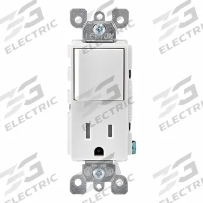 LEVITON Combination Switch/Outlet: Rocker Switch, 5-15R, White, 120V AC - Straight-Blade Outlets & Rocker Switches