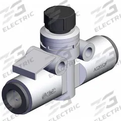 SMC Speed Controller: In-Line Fitting, Knob, 1/4 in Valve Body Size, 8 mm Push to Connect Tube, 8 mm (MPN AS2052F-08A). Key specifications — attr947203: Brass/PBT; attr947205: SMC.
