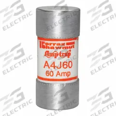 MERSEN Fuse: A4J Series, Class J, Cylindrical Body, Fast-Acting, 60 A, 600 V AC, 300 V DC (MPN A4J60). Key specifications — attr1287274: A4J; attr211200: MERSEN.