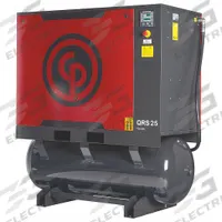 CHICAGO PNEUMATIC Rotary Screw Air Compressor w/Air Dryer: Horizontal, 25 hp, 84.5 cfm, 132 gal Tank (MPN QRS 25 HPD). Key specifications — attr48606: Three; attr48593: 208 to 230V AC; attr48578: CHICAGO PNEUMATIC; attr110305: Included.