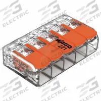 WAGO Lever Wire Connector: 5 Port, 24 AWG – 12 AWG Solid Wire Size Range, 32 A, 600 V, 221 Series (MPN 221-415/K006-0000). Key specifications — attr1307071: WAGO; attr1307104: Lever; attr1351713: 221.