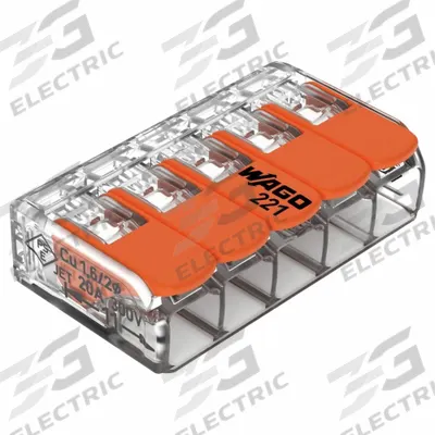 WAGO Lever Wire Connector: 5 Port, 24 AWG – 12 AWG Solid Wire Size Range, 32 A - Compact Lever Wire Connectors