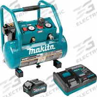 MAKITA Battery Powered Portable Air Compressor: Quiet, Oil-Less, 2 gal, Hot Dog, 1.2 cfm @ 90 psi (MPN AC001GM1). Key specifications — attr48686: Oil-Less; attr48685: 40V DC; attr48689: 1.2 cfm @ 90 psi; attr48688: 40V MAX XGT Lithium-Ion 4.0 Ah Battery and Charger; attr48671: MAKITA; attr124308: Quiet (less than 75 dBA).