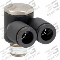 LEGRIS Push-Fit Twin Banjo Fitting: 1/4 in Pipe x 3/8 in OD x 3/8 in OD Size, Nylon, Black (MPN 3049 60 14). Key specifications — Brand: LEGRIS; Thread Size A: 1/4".