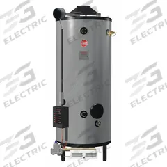 RHEEM-RUUD Commercial Gas Water Heater: Natural Gas, 100 gal, 199,900 BTU, 73.06 in Ht (MPN G100-200). Key specifications — Display Sell UOM: EA; Market: Commercial; Standards: UL Listed; Brand: RHEEM-RUUD; Low NOx: No; Water Connection Location: Front; Fuel Type: Natural Gas; Included Valves: Temperature and Pressure Relief.