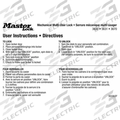 MASTER LOCK Instruction Magnet (MPN 3633LEF). Key specifications — attr1314084: MASTER LOCK. - Multiuser Locker Lock Instruction Magnets & Stickers