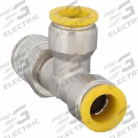 PARKER Push-Fit Tee Fitting: 10 mm OD x 10 mm OD x 3/8 in Pipe Size, Brass, 25 17/32 mm Overall Lg (MPN W171PLP-10M-6R). Key specifications — Brand: PARKER; Thread Size A: 3/8".