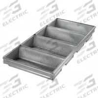 CHICAGO METALLIC Hearth Bread Pan: Aluminized Steel, 4 Slots, 12 3/8 in Overall Wd, 22 ga Gauge (MPN 41145). Key specifications — Pan Style: Hearth Bread Pan; Brand: CHICAGO METALLIC; Color: Silver; Material: Aluminized Steel; NSF Certified: No; Number of Slots: 4.
