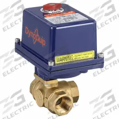 DYNAQUIP CONTROLS Electrically Actuated Three-Way Ball Valve: 1 in, Brass, 120V AC, L Flow (MPN EYHG5AUE25). Key specifications — Included Mounting: ISO 5211 Actuator Mounting Pad; Brand: DYNAQUIP CONTROLS; Actuator Features: Position Indicator.