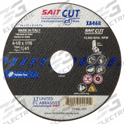 UNITED ABRASIVES-SAIT Abrasive Cut-Off Wheel: Type 1, 4 1/2" x 1/16" x 7/8", Aluminum Oxide, 46 Grit - Contaminant-Free Cut-Off Wheels for Stainless Steel