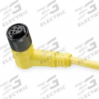 Cordset: M12 Female Right Angle X Bare Wire, 3 Pins, Yellow, PVC, 2 m Cable Lg, 4 A Max Current (A) (MPN 803001A09M020). Key specifications — Cable Jacket Color: Yellow; End 1 Gender: Female; End 1 Mounting Orientation: Right Angle; End 2 Connection Type: Bare Wire; IP Rating: IP68; Brand: BRAD HARRISON; NEMA Rating: 6P; Wire Size: 22 AWG.
