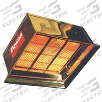 DAYTON Gas Infrared Flat Panel Heater: Propane, 90,000 BtuH Heating Capacity Input, 20 ft x 20 ft (MPN 3E462). Key specifications — Brand: DAYTON; Fuel Type: Propane; Clearance to Combustibles - Top x Below x Sides: 42 in x 98 in x 48 in; Floor Coverage @ Minimum Mounting Height: 20 ft x 20 ft; For Use Outdoors: Indoor Use Only; Min. Mounting Height: 16 to 18 ft; Overall Dimensions - H x W x D: 22-1/2 in x 26-5/8 in x 15-1/4 in.