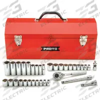PROTO Socket Wrench Set: 3/8 in Drive, 34 Piece, 12-Point, Metric/SAE (MPN J52230-1A). Key specifications — attr1224269: 3/8 in; attr1204638: Drive Tools Included; attr1204650: 8 mm to 19 mm; attr1204673: Socket Bits Not Included; attr1204681: Wrenches Not Included; attr1204688: PROTO; attr1206170: Drive Tools.