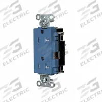 HUBBELL Receptacle: Decorator Duplex, 5-20, Blue, 125V AC, 20 A, 2 Pole / 3 Wire (MPN DR20STBLTR)