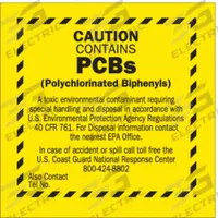 BRADY DOT Handling Label: Caution Contains PCBs (Polychlorinated Biphenyls), 6 in x 6 in, 50 PK (MPN 87028). Key specifications — Message: Caution Contains PCBs (Polychlorinated Biphenyls); Background Color: Yellow; Brand: BRADY.