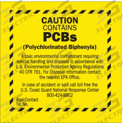 BRADY Handling Label: Caution Contains PCBs (Polychlorinated Biphenyls), 6 in x 6 in - Waste