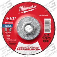 MILWAUKEE Grinding Wheel: Type 27, 4 1/2" x 1/4" x 5/8"-11, Zirconia Alumina, 24 Grit (MPN 49-94-0607). Key specifications — Brand: MILWAUKEE.