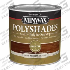 MINWAX Wood Stain: Wood Stain and Sealer, Interior, Oil, 0.5 pt Container Size, Wood, Satin, 1 Step (MPN 213754444). Key specifications — Brand: MINWAX; Transparency: Semi-Transparent; Use Location: Interior; Sheen: Satin; Sub-Brand: PolyShades; Color: American Chestnut.