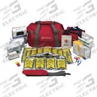 FIRST AID ONLY Survival Kit: 143 Components, Handbag, 24 People Served (MPN 90489). Key specifications — Rations Included: (24) Emergency Food Bars; First Aid Supplies Included: (16) 1 in x 3 in Adhesive Plastic Bandages; Housing Material: Fabric; Container Type: Handbag; PPE and Shelter Supplies Included: Poncho; Power and Lighting Supplies Included: Crank Radio with Flashlight; Tools Included: Tweezers; Writing and Communication Supplies Included: Whistle.