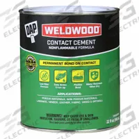 DAP Contact Cement: Weldwood Nonflammable, Gen Purpose, 1 qt, Can, Natural, Water-Resistant (MPN 25332). Key specifications — Primary Applications: General Purpose; For Surface Type: Non-Porous or Porous; Adhesive Color: Natural; Application Method: Brush On; Heat Resistant: Yes; Low Odor: Yes; Water Resistance: Water-Resistant; Standards: MMM-A-130B.