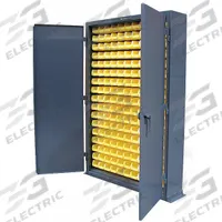 STRONG HOLD Bin Cabinet: 48 in x 10 in 72 in, 0 Shelves, 187 Bins, Yellow, Solid, 12 ga Panel, Gray (MPN 46-BSC-100). Key specifications — Bin Color: Yellow; Bin HxWxD: (187) 3 in x 4-1/8 in x 7-3/8 in; Assembled: Assembled; Cabinet Style: Shelf and Bin; Brand: STRONG HOLD; Cabinet Color: Dark Gray; Cabinet Finish: Baked Enamel; Cabinet Material: Steel.