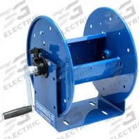 COXREELS Hand Crank Hose Reel: 100 ft (3/8 in I.D.), 12 in L x 9 1/2 in W x 13 in H, Nitrile, Brass (MPN 112-3-100). Key specifications — Hose Capacity: 100 ft (3/8 in I.D.); Overall Dimensions: 12 in L x 9-1/2 in W x 13 in H; Seal Material: Nitrile; Reel Color: Blue; Swivel Material: Brass; Brand: COXREELS.