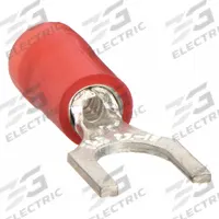STA-KON Fork Terminals: Red, Nylon, 1/4 in Stud Size, 22 AWG – 16 AWG Wire Range, Std Fork, 600 V (MPN RA18-14F). Key specifications — Barrel Style: Insulation Grip; Manufacturer Part Number: RA18-14F; Brand: STA-KON; Series: RA1163.